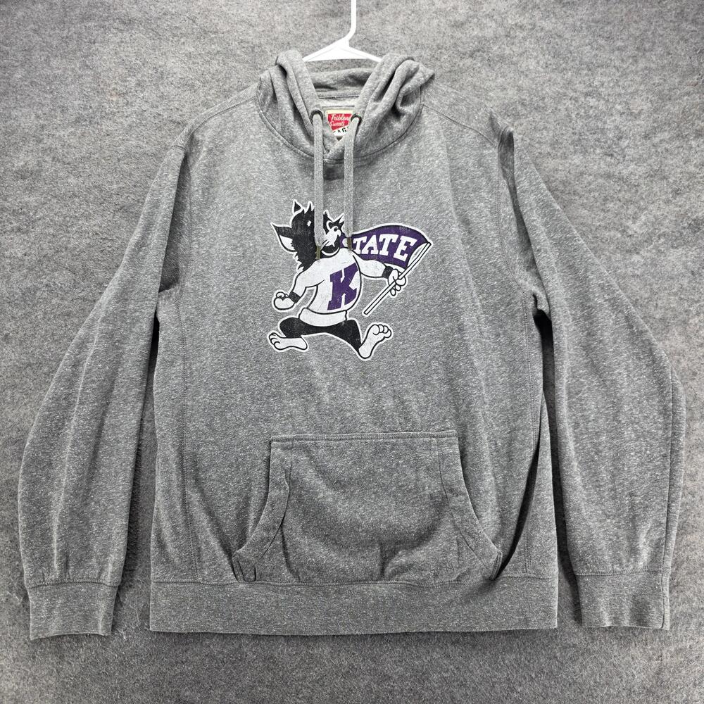 K State Hoodie Mens L Gray Pullover Hooded Pockets Graphic Print Triblend Sweats
